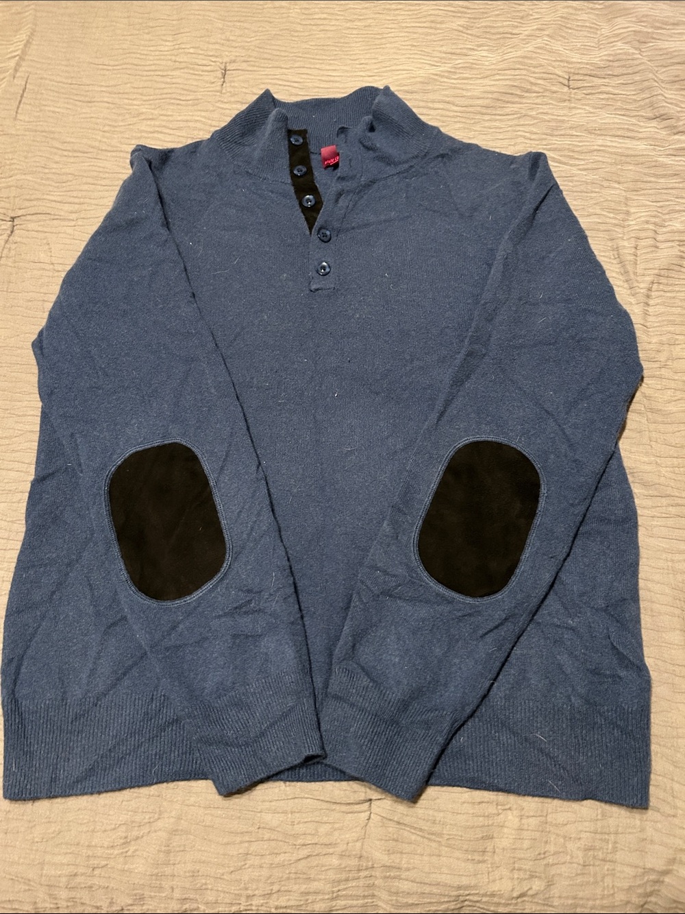 Men's Navy Button-Front Zip-Style Sweater with Black Elbow Patches